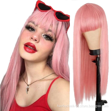 Blonde Pink Orange Blue Color Wig Long silk Straight Bob Wig With Bang Remy Human Hair whole virgin Human Hair Wig for women